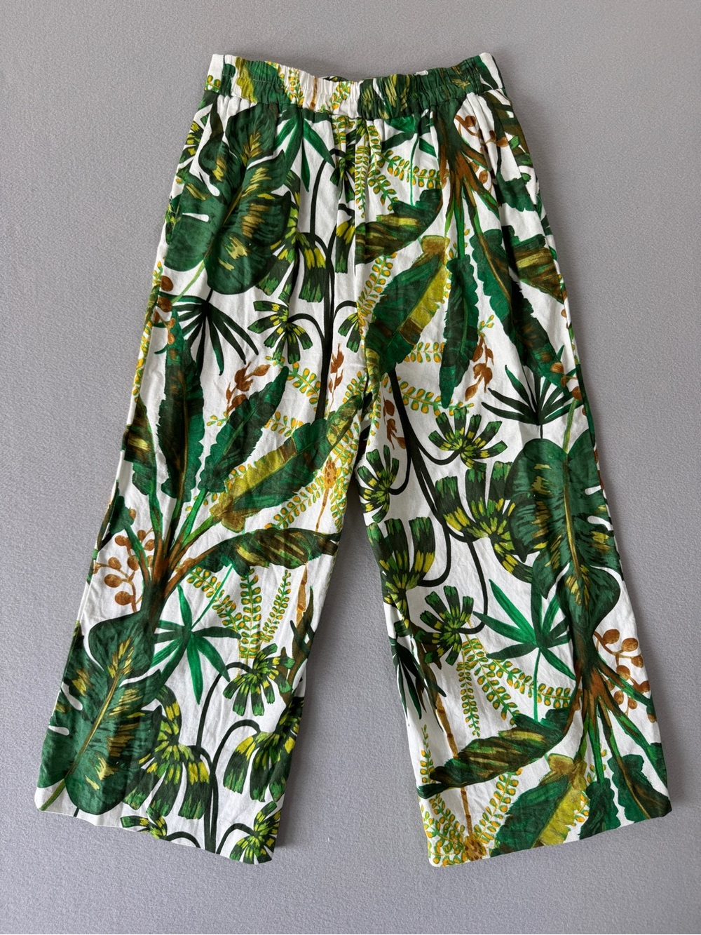 Joie Tropical Print Linen Blend Wide Leg Crop Pants Tie Waist Green White Size M - Picture 4 of 14